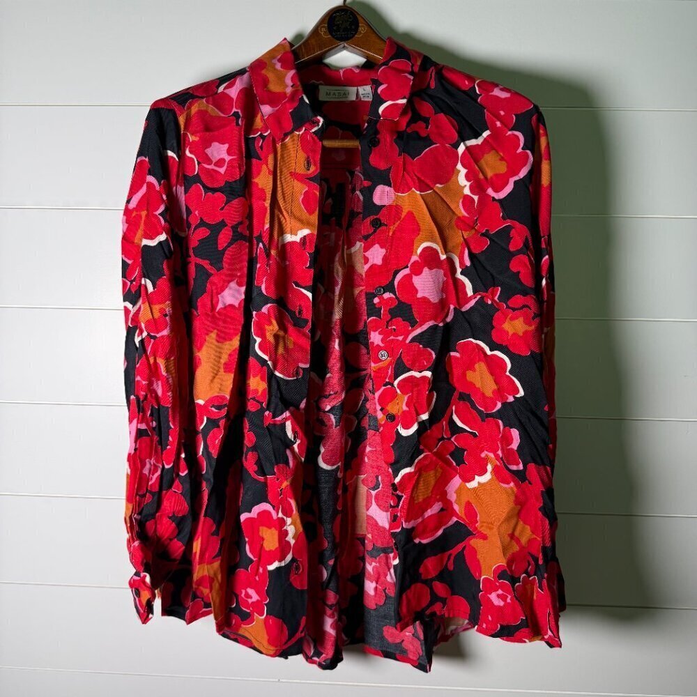 Masai Copenhagen Button Down Blouse Shirt Red Orange Pink Black FloralSize Large